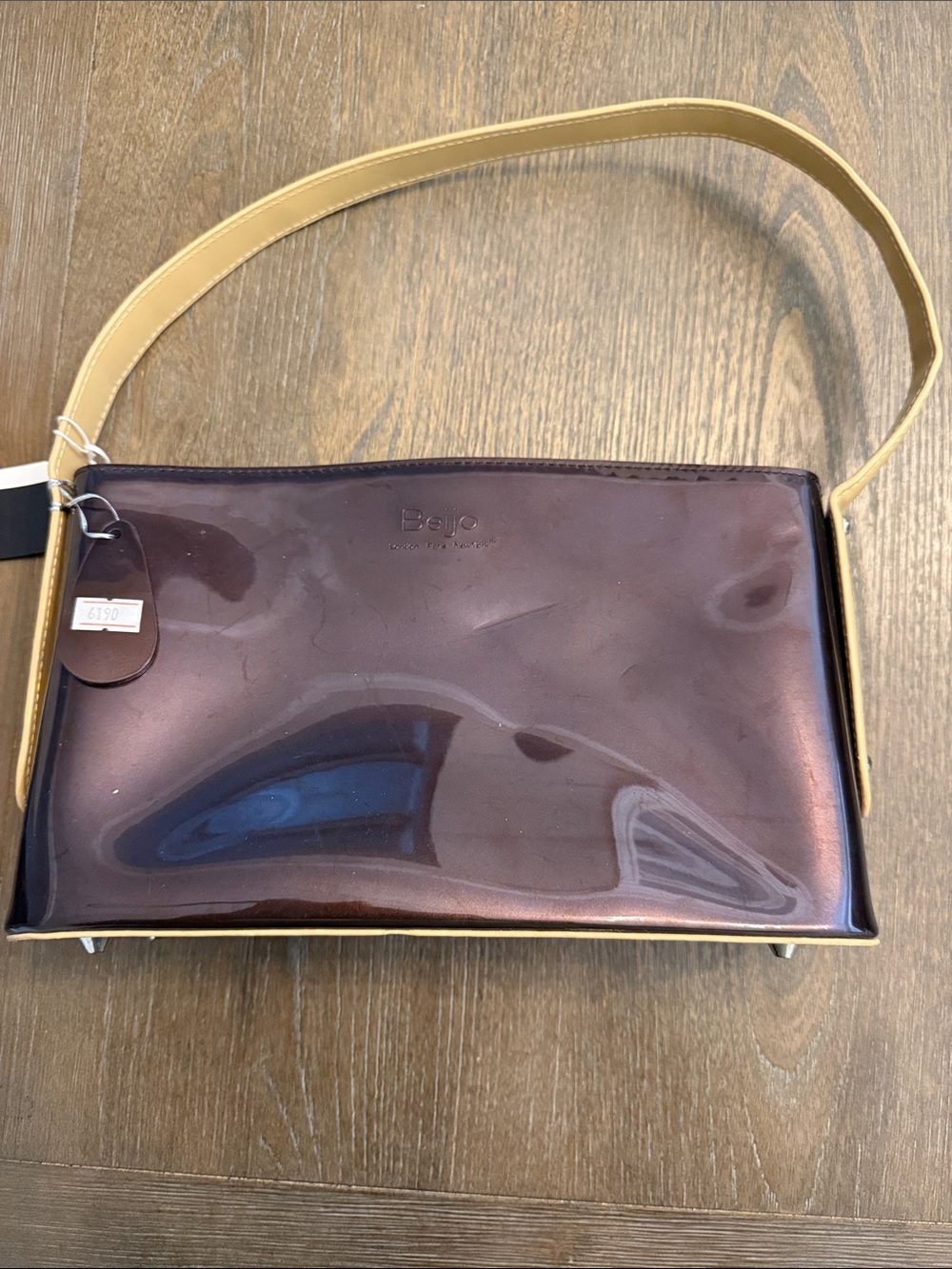 Beijo Brown Patent Hand/Shoulder Bag with Tan Strap